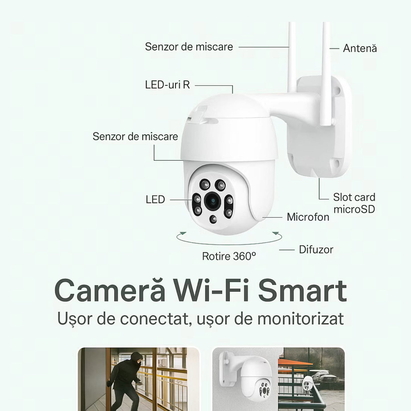 Camera Supraveghere WiFi Smart 1080p – MicroSD Cadou, Viziune Nocturna, Audio Bidirectional, Exterior/ interior - Mara Box