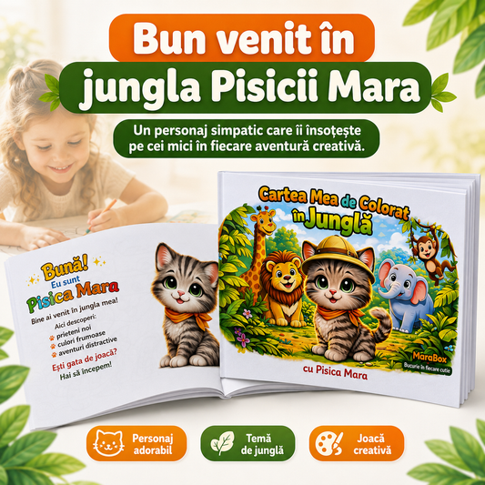 Carte de colorat Pisica Mara în Junglă pentru copii 3-6 ani