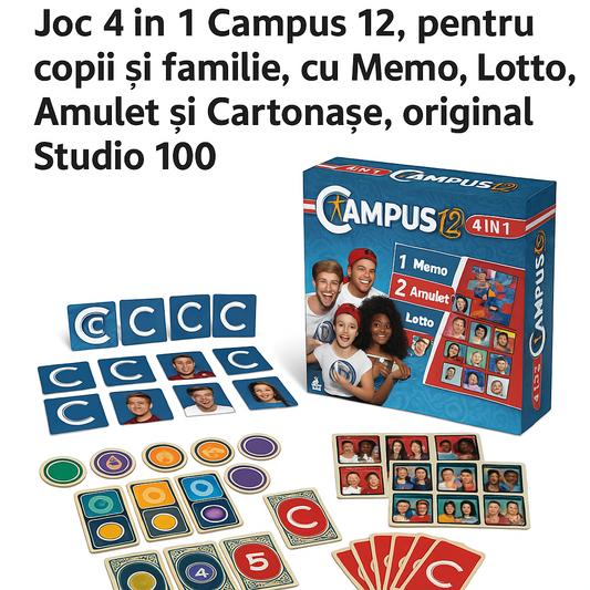 Joc de Familie Campus 12 – 4 în 1,Memo, Puzzle, Lotto, Quartet ,Limba Germană ,Distracție pentru Copii și Adulți - Mara Box