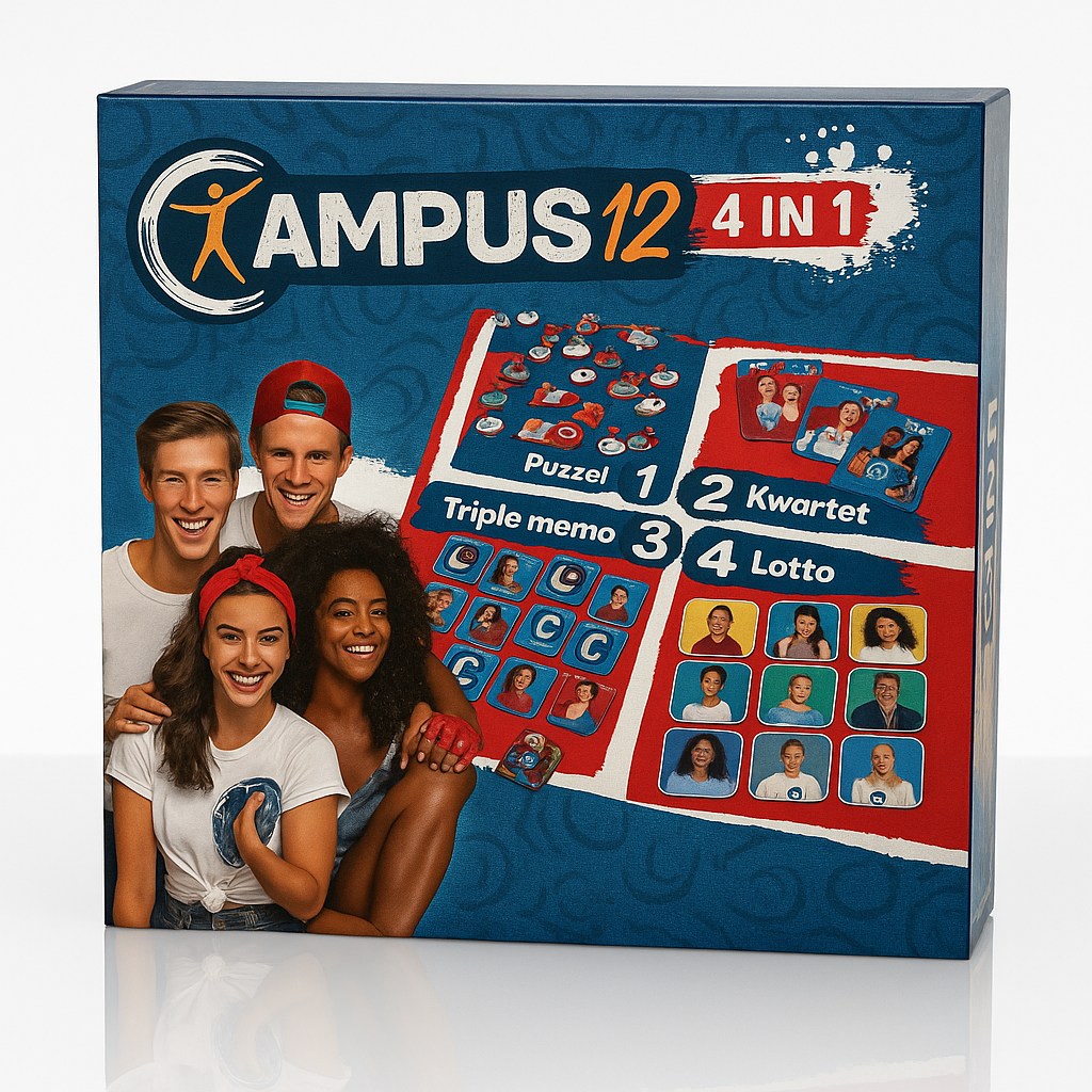 Joc de Familie Campus 12 – 4 în 1,Memo, Puzzle, Lotto, Quartet ,Limba Germană ,Distracție pentru Copii și Adulți - Mara Box