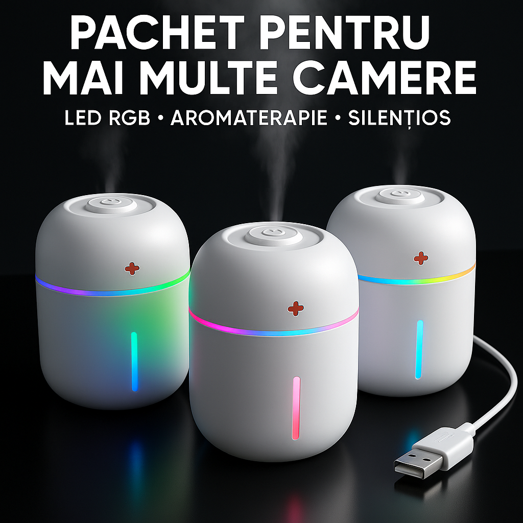 Pachet 2+1 gratis- Umidificator &Difuzor aromaterapie  200 mlLED RGB 7 culori ultrasilentios - Mara Box