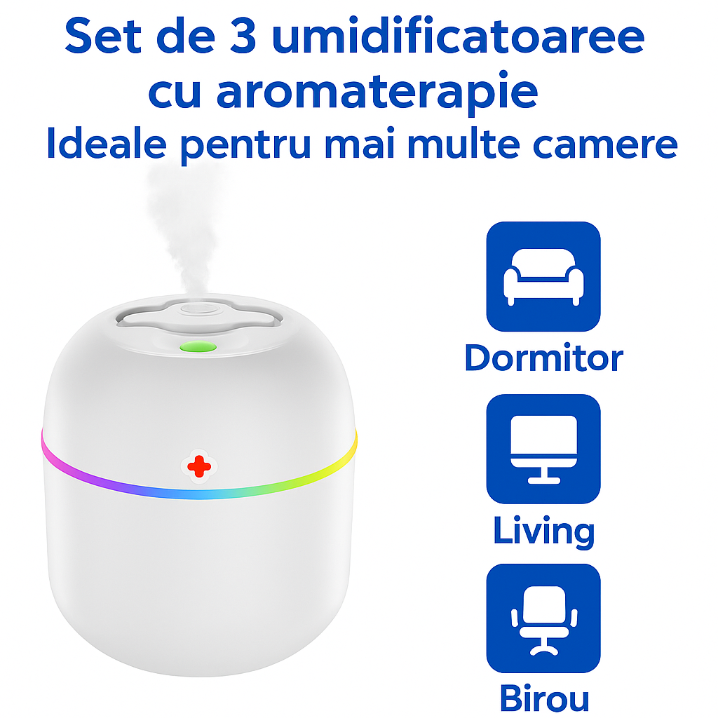 Pachet 2+1 gratis- Umidificator &Difuzor aromaterapie  200 mlLED RGB 7 culori ultrasilentios - Mara Box