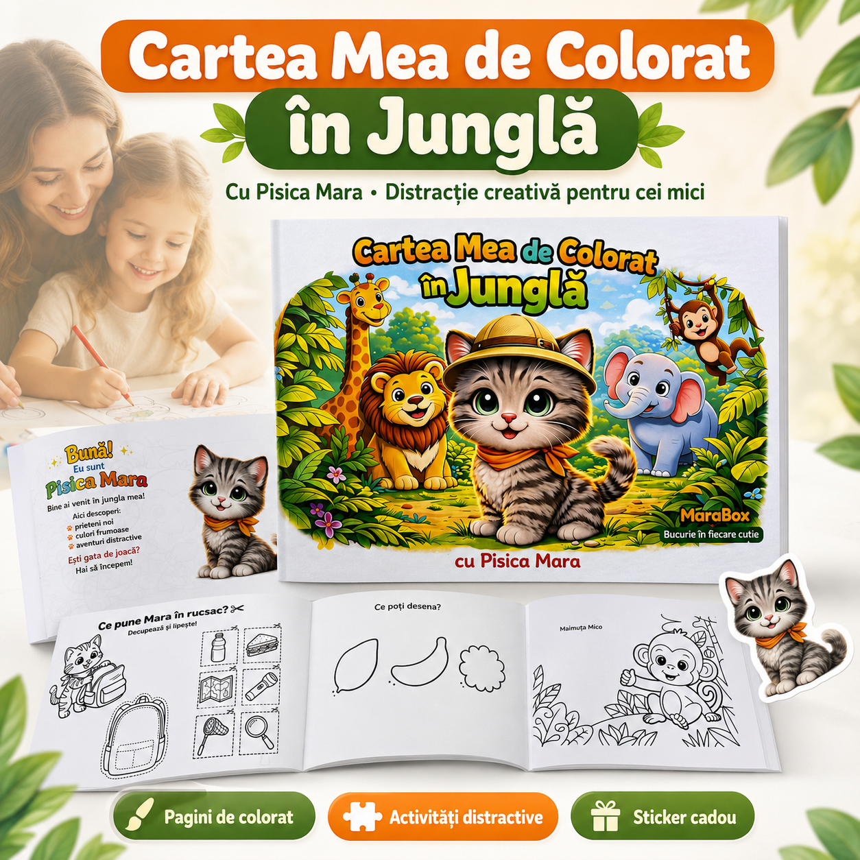 Carte de colorat copii 3-6 ani MaraBox, Cartea Mea de Colorat în Junglă cu Pisica Mara, activități creative, sticker cadou