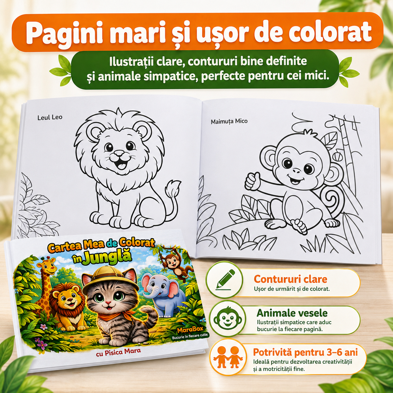 Carte de colorat copii 3-6 ani MaraBox, Cartea Mea de Colorat în Junglă cu Pisica Mara, activități creative, sticker cadou