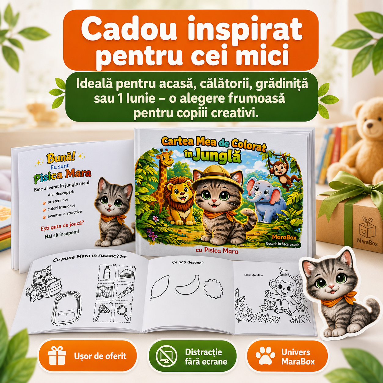Carte de colorat copii 3-6 ani MaraBox, Cartea Mea de Colorat în Junglă cu Pisica Mara, activități creative, sticker cadou