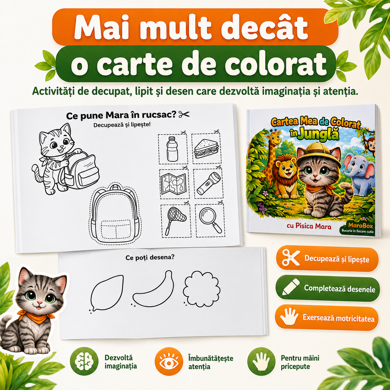 Carte de colorat copii 3-6 ani MaraBox, Cartea Mea de Colorat în Junglă cu Pisica Mara, activități creative, sticker cadou