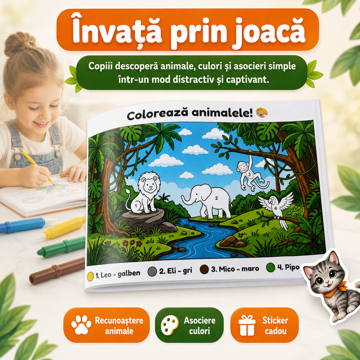 Carte de colorat copii 3-6 ani MaraBox, Cartea Mea de Colorat în Junglă cu Pisica Mara, activități creative, sticker cadou