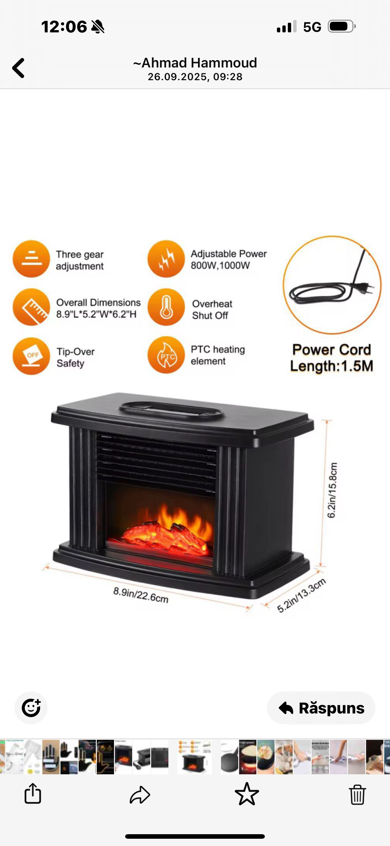 Șemineu electric portabil cu efect de flacără, 800W/1000W, protecție supraîncălzire, 22 cm